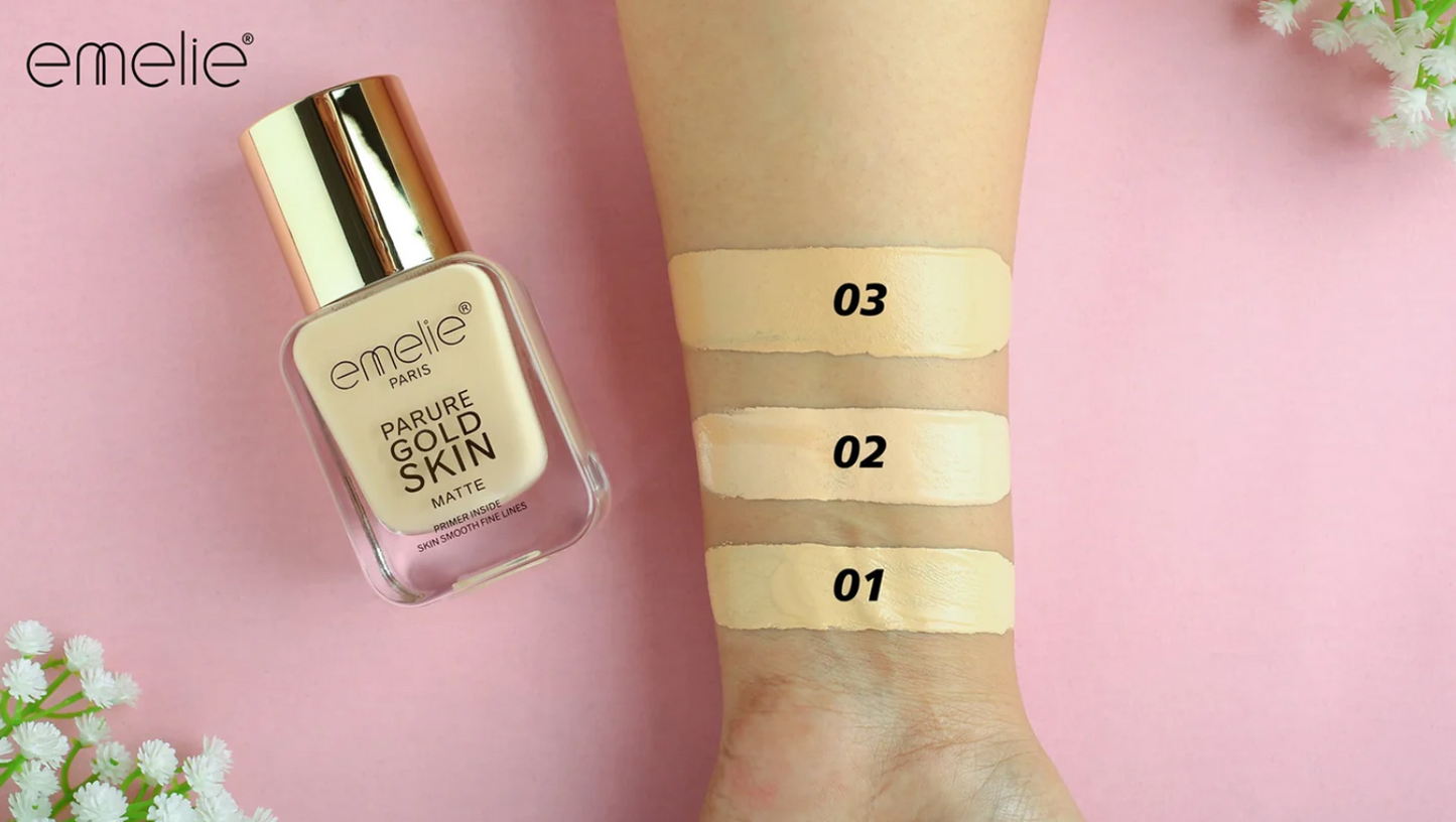 Emelie Parure Gold Skin Matte Foundation – With Built-In Primer + SPF 15