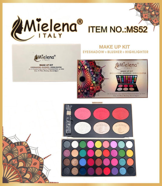 Mielena Italy Professional Makeup Kit – MS52 | 36 Eyeshadows + 6 Blush/Highlighter